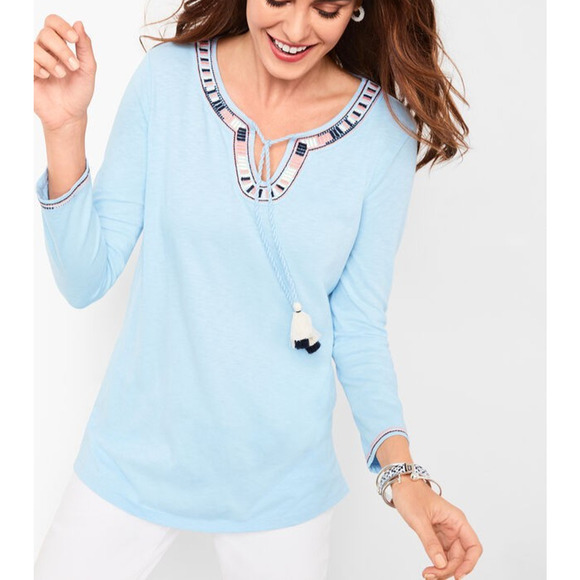 Talbots Embroidered Split Neck Tassel Tunic Top XL Blue Boho Peasant Western Art - Picture 1 of 12